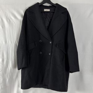 MNG Womens Size S Pea Coat V Neck Black Long Sleeve Button Pockets Lined